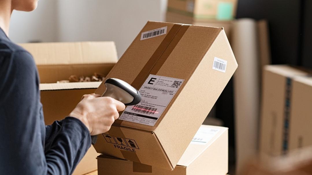 A woman is holding a box with a label on it.