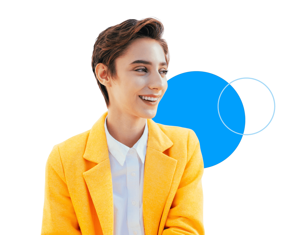 Woman with short hair smiling, wearing a yellow blazer, against a black background with a blue circle graphic.